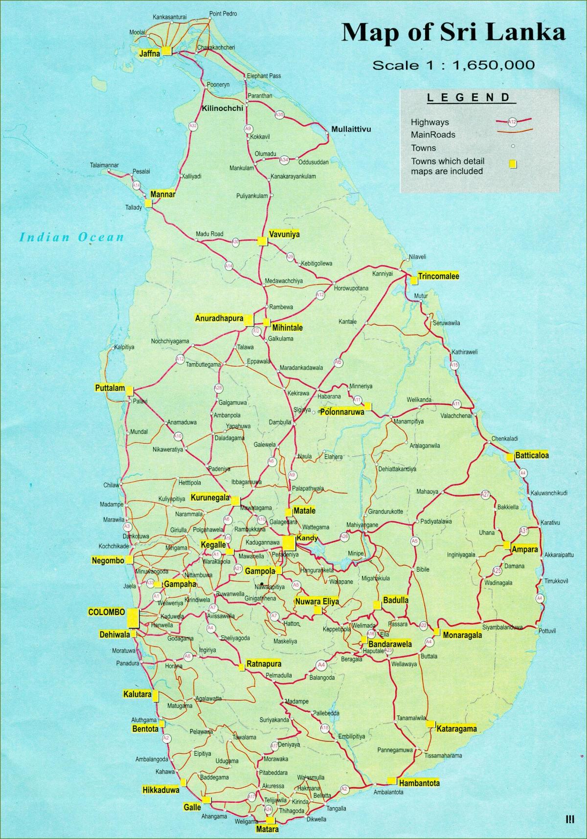harta harta turistică din Sri Lanka, cu drum