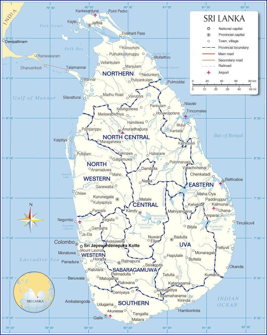 harta aeroporturi internaționale în Sri Lanka