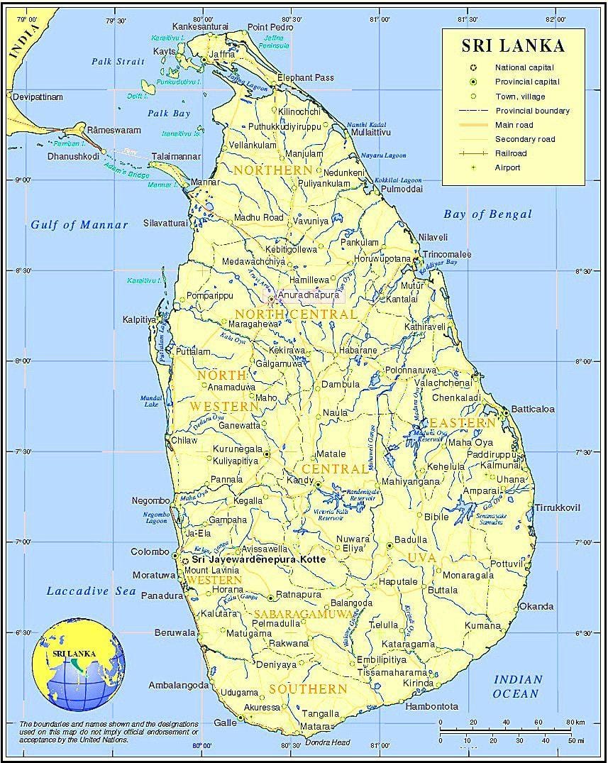 harta lacurilor din Sri Lanka