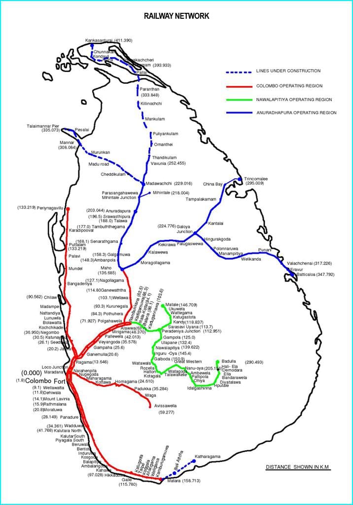 Sri Lanka rețeaua feroviară hartă
